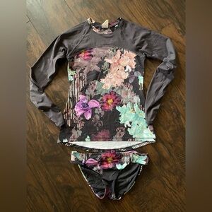 Floral Long Sleeve Rash Guard Swim Set - Black Base with Mint & Purple Flowers